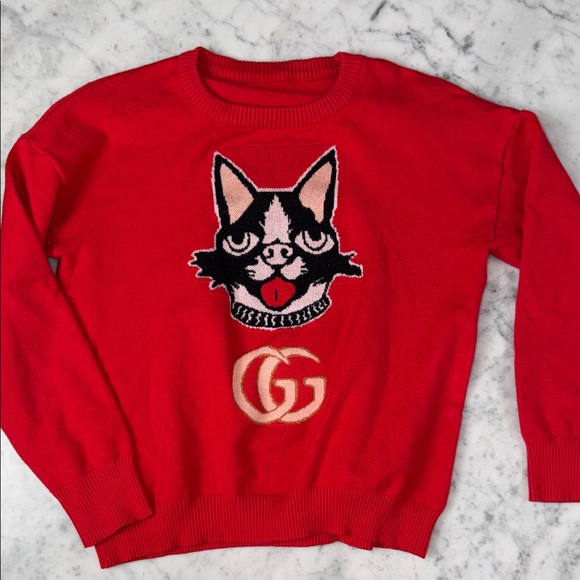 Gucci Sweaters - Gucci Red Knit Sweater with Cat Graphic and GG Logo